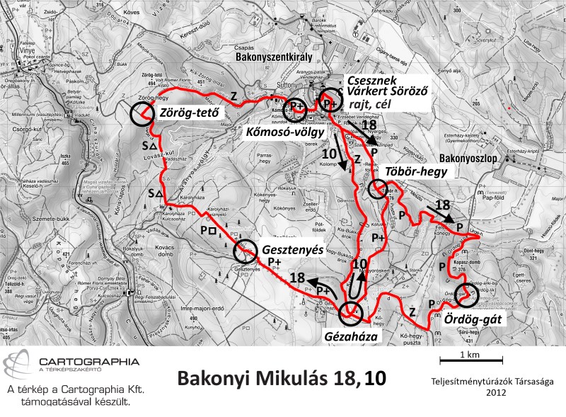 Bakonyi Mikulás teljesítménytúra térkép - 18km, 10km - 2012