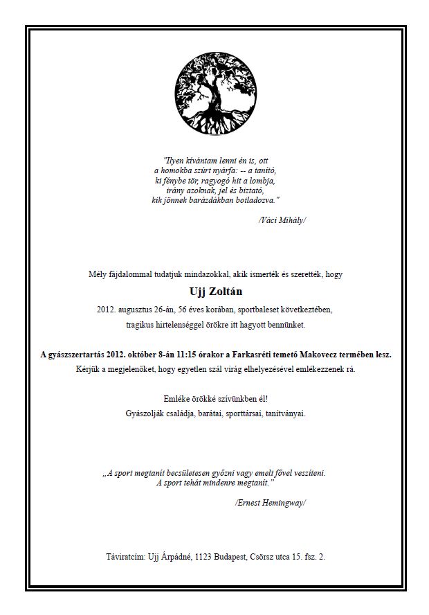 Gyászjelentés - Ujj Zoltán
